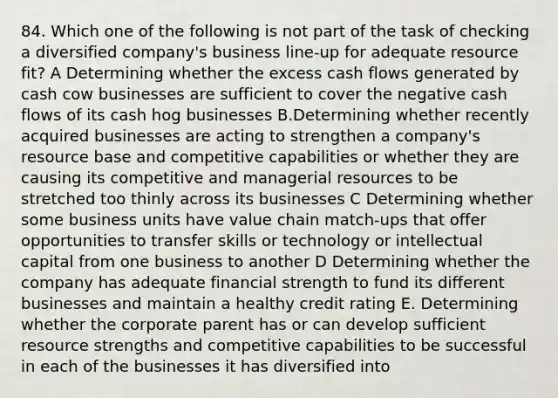 84. Which one of the following is not part of the task of checking a diversified company's business line-up for adequate resource fit? A Determining whether the excess cash flows generated by cash cow businesses are sufficient to cover the negative cash flows of its cash hog businesses B.Determining whether recently acquired businesses are acting to strengthen a company's resource base and competitive capabilities or whether they are causing its competitive and managerial resources to be stretched too thinly across its businesses C Determining whether some business units have value chain match-ups that offer opportunities to transfer skills or technology or intellectual capital from one business to another D Determining whether the company has adequate financial strength to fund its different businesses and maintain a healthy credit rating E. Determining whether the corporate parent has or can develop sufficient resource strengths and competitive capabilities to be successful in each of the businesses it has diversified into