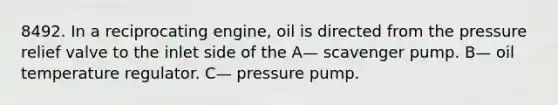 8492. In a reciprocating engine, oil is directed from the pressure relief valve to the inlet side of the A— scavenger pump. B— oil temperature regulator. C— pressure pump.