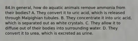 84.In general, how do aquatic animals remove ammonia from their bodies? A. They convert it to uric acid, which is released through Malpighian tubules. B. They concentrate it into uric acid, which is separated out as white crystals. C. They allow it to diffuse out of their bodies into surrounding water. D. They convert it to urea, which is excreted as urine.