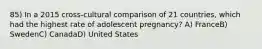 85) In a 2015 cross-cultural comparison of 21 countries, which had the highest rate of adolescent pregnancy? A) FranceB) SwedenC) CanadaD) United States