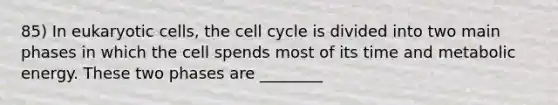 85) In <a href='https://www.questionai.com/knowledge/kb526cpm6R-eukaryotic-cells' class='anchor-knowledge'>eukaryotic cells</a>, the <a href='https://www.questionai.com/knowledge/keQNMM7c75-cell-cycle' class='anchor-knowledge'>cell cycle</a> is divided into two main phases in which the cell spends most of its time and metabolic energy. These two phases are ________