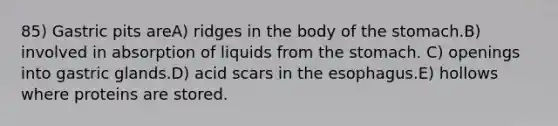 85) Gastric pits areA) ridges in the body of <a href='https://www.questionai.com/knowledge/kLccSGjkt8-the-stomach' class='anchor-knowledge'>the stomach</a>.B) involved in absorption of liquids from the stomach. C) openings into gastric glands.D) acid scars in <a href='https://www.questionai.com/knowledge/kSjVhaa9qF-the-esophagus' class='anchor-knowledge'>the esophagus</a>.E) hollows where proteins are stored.