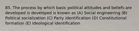 85. The process by which basic political attitudes and beliefs are developed is developed is known as (A) Social engineering (B) Political socialization (C) Party identification (D) Constitutional formation (E) Ideological identification