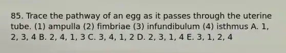 85. Trace the pathway of an egg as it passes through the uterine tube. (1) ampulla (2) fimbriae (3) infundibulum (4) isthmus A. 1, 2, 3, 4 B. 2, 4, 1, 3 C. 3, 4, 1, 2 D. 2, 3, 1, 4 E. 3, 1, 2, 4