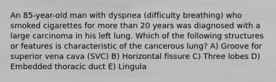 An 85-year-old man with dyspnea (difficulty breathing) who smoked cigarettes for more than 20 years was diagnosed with a large carcinoma in his left lung. Which of the following structures or features is characteristic of the cancerous lung? A) Groove for superior vena cava (SVC) B) Horizontal fissure C) Three lobes D) Embedded thoracic duct E) Lingula