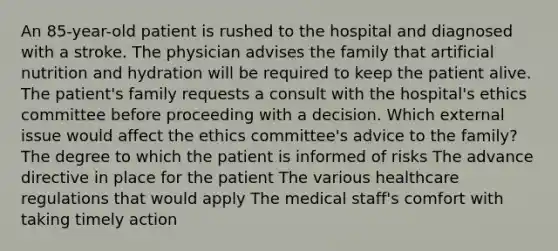 An 85-year-old patient is rushed to the hospital and diagnosed with a stroke. The physician advises the family that artificial nutrition and hydration will be required to keep the patient alive. The patient's family requests a consult with the hospital's ethics committee before proceeding with a decision. Which external issue would affect the ethics committee's advice to the family? The degree to which the patient is informed of risks The advance directive in place for the patient The various healthcare regulations that would apply The medical staff's comfort with taking timely action