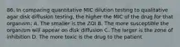 86. In comparing quantitative MIC dilution testing to qualitative agar disk diffusion testing, the higher the MIC of the drug for that organism: A. The smaller is the ZOI B. The more susceptible the organism will appear on disk diffusion C. The larger is the zone of inhibition D. The more toxic is the drug to the patient