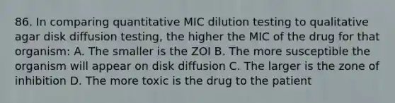 86. In comparing quantitative MIC dilution testing to qualitative agar disk diffusion testing, the higher the MIC of the drug for that organism: A. The smaller is the ZOI B. The more susceptible the organism will appear on disk diffusion C. The larger is the zone of inhibition D. The more toxic is the drug to the patient