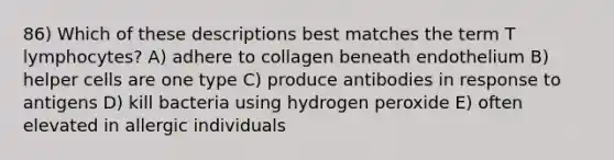 86) Which of these descriptions best matches the term T lymphocytes? A) adhere to collagen beneath endothelium B) helper cells are one type C) produce antibodies in response to antigens D) kill bacteria using hydrogen peroxide E) often elevated in allergic individuals