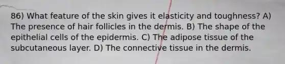 86) What feature of the skin gives it elasticity and toughness? A) The presence of hair follicles in the dermis. B) The shape of the epithelial cells of the epidermis. C) The adipose tissue of the subcutaneous layer. D) The connective tissue in the dermis.