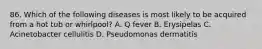 86. Which of the following diseases is most likely to be acquired from a hot tub or whirlpool? A. Q fever B. Erysipelas C. Acinetobacter cellulitis D. Pseudomonas dermatitis