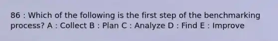 86 : Which of the following is the first step of the benchmarking process? A : Collect B : Plan C : Analyze D : Find E : Improve