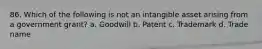 86. Which of the following is not an intangible asset arising from a government grant? a. Goodwill b. Patent c. Trademark d. Trade name