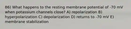 86) What happens to the resting membrane potential of -70 mV when potassium channels close? A) repolarization B) hyperpolarization C) depolarization D) returns to -70 mV E) membrane stabilization