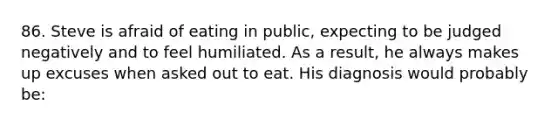 86. Steve is afraid of eating in public, expecting to be judged negatively and to feel humiliated. As a result, he always makes up excuses when asked out to eat. His diagnosis would probably be: