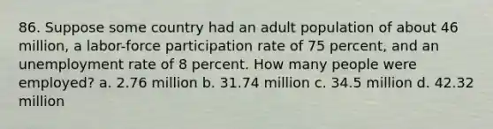 86. Suppose some country had an adult population of about 46 million, a labor-force participation rate of 75 percent, and an unemployment rate of 8 percent. How many people were employed? a. 2.76 million b. 31.74 million c. 34.5 million d. 42.32 million