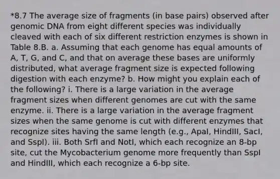 *8.7 The average size of fragments (in base pairs) observed after genomic DNA from eight different species was individually cleaved with each of six different restriction enzymes is shown in Table 8.B. a. Assuming that each genome has equal amounts of A, T, G, and C, and that on average these bases are uniformly distributed, what average fragment size is expected following digestion with each enzyme? b. How might you explain each of the following? i. There is a large variation in the average fragment sizes when different genomes are cut with the same enzyme. ii. There is a large variation in the average fragment sizes when the same genome is cut with different enzymes that recognize sites having the same length (e.g., ApaI, HindIII, SacI, and SspI). iii. Both SrfI and NotI, which each recognize an 8-bp site, cut the Mycobacterium genome more frequently than SspI and HindIII, which each recognize a 6-bp site.