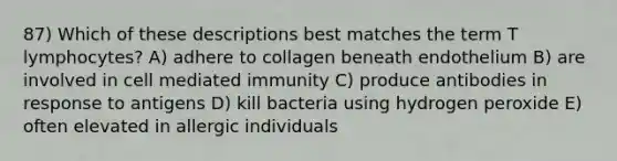 87) Which of these descriptions best matches the term T lymphocytes? A) adhere to collagen beneath endothelium B) are involved in cell mediated immunity C) produce antibodies in response to antigens D) kill bacteria using hydrogen peroxide E) often elevated in allergic individuals