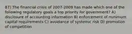 87) The financial crisis of 2007-2009 has made which one of the following regulatory goals a top priority for government? A) disclosure of accounting information B) enforcement of minimum capital requirements C) avoidance of systemic risk D) promotion of competition