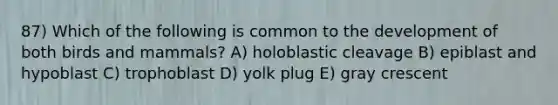 87) Which of the following is common to the development of both birds and mammals? A) holoblastic cleavage B) epiblast and hypoblast C) trophoblast D) yolk plug E) gray crescent