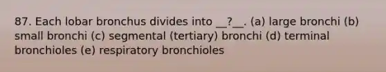 87. Each lobar bronchus divides into __?__. (a) large bronchi (b) small bronchi (c) segmental (tertiary) bronchi (d) terminal bronchioles (e) respiratory bronchioles