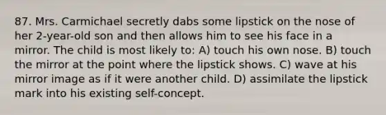 87. Mrs. Carmichael secretly dabs some lipstick on the nose of her 2-year-old son and then allows him to see his face in a mirror. The child is most likely to: A) touch his own nose. B) touch the mirror at the point where the lipstick shows. C) wave at his mirror image as if it were another child. D) assimilate the lipstick mark into his existing self-concept.