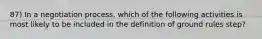 87) In a negotiation process, which of the following activities is most likely to be included in the definition of ground rules step?