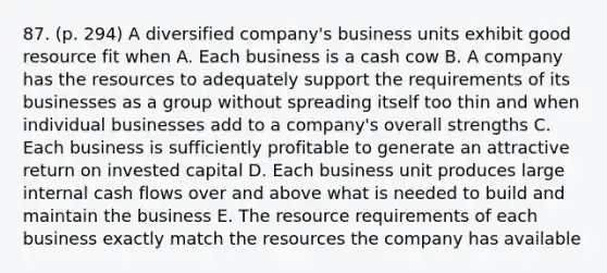 87. (p. 294) A diversified company's business units exhibit good resource fit when A. Each business is a cash cow B. A company has the resources to adequately support the requirements of its businesses as a group without spreading itself too thin and when individual businesses add to a company's overall strengths C. Each business is sufficiently profitable to generate an attractive return on invested capital D. Each business unit produces large internal cash flows over and above what is needed to build and maintain the business E. The resource requirements of each business exactly match the resources the company has available