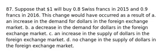 87. Suppose that 1 will buy 0.8 Swiss francs in 2015 and 0.9 francs in 2016. This change would have occurred as a result of a. an increase in the demand for dollars in the foreign exchange market. b. a decrease in the demand for dollars in the foreign exchange market. c. an increase in the supply of dollars in the foreign exchange market. d. no change in the supply of dollars in the foreign exchange market.