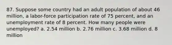 87. Suppose some country had an adult population of about 46 million, a labor-force participation rate of 75 percent, and an <a href='https://www.questionai.com/knowledge/kh7PJ5HsOk-unemployment-rate' class='anchor-knowledge'>unemployment rate</a> of 8 percent. How many people were unemployed? a. 2.54 million b. 2.76 million c. 3.68 million d. 8 million