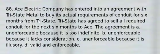 88. Ace Electric Company has entered into an agreement with Tri-State Metal to buy its actual requirements of conduit for six months from Tri-State. Tri-State has agreed to sell all required conduit for the next six months to Ace. The agreement is a. unenforceable because it is too indefinite. b. unenforceable because it lacks consideration. c. unenforceable because it is illusory. d. valid and enforceable.