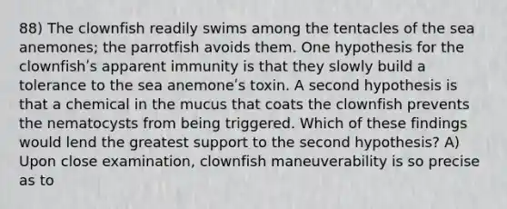 88) The clownfish readily swims among the tentacles of the sea anemones; the parrotfish avoids them. One hypothesis for the clownfishʹs apparent immunity is that they slowly build a tolerance to the sea anemoneʹs toxin. A second hypothesis is that a chemical in the mucus that coats the clownfish prevents the nematocysts from being triggered. Which of these findings would lend the greatest support to the second hypothesis? A) Upon close examination, clownfish maneuverability is so precise as to