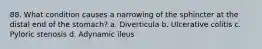 88. What condition causes a narrowing of the sphincter at the distal end of the stomach? a. Diverticula b. Ulcerative colitis c. Pyloric stenosis d. Adynamic ileus