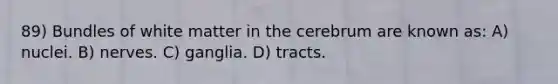 89) Bundles of white matter in the cerebrum are known as: A) nuclei. B) nerves. C) ganglia. D) tracts.