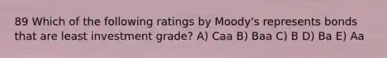 89 Which of the following ratings by Moody's represents bonds that are least investment grade? A) Caa B) Baa C) B D) Ba E) Aa