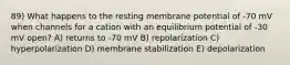 89) What happens to the resting membrane potential of -70 mV when channels for a cation with an equilibrium potential of -30 mV open? A) returns to -70 mV B) repolarization C) hyperpolarization D) membrane stabilization E) depolarization