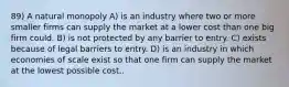 89) A natural monopoly A) is an industry where two or more smaller firms can supply the market at a lower cost than one big firm could. B) is not protected by any barrier to entry. C) exists because of legal barriers to entry. D) is an industry in which economies of scale exist so that one firm can supply the market at the lowest possible cost..