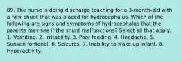 89. The nurse is doing discharge teaching for a 3-month-old with a new shunt that was placed for hydrocephalus. Which of the following are signs and symptoms of hydrocephalus that the parents may see if the shunt malfunctions? Select all that apply. 1. Vomiting. 2. Irritability. 3. Poor feeding. 4. Headache. 5. Sunken fontanel. 6. Seizures. 7. Inability to wake up infant. 8. Hyperactivity.