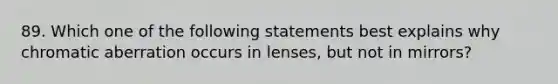 89. Which one of the following statements best explains why chromatic aberration occurs in lenses, but not in mirrors?