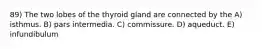 89) The two lobes of the thyroid gland are connected by the A) isthmus. B) pars intermedia. C) commissure. D) aqueduct. E) infundibulum