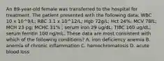 An 89-year-old female was transferred to the hospital for treatment. The patient presented with the following data: WBC 10 x 10^9/L; RBC 3.1 x 10^12/L; Hgb 72g/L; Hct 24%; MCV 78fL; MCH 23 pg; MCHC 31% ; serum iron 29 ug/dL; TIBC 160 ug/dL; serum ferritin 100 ng/mL. These data are most consistent with which of the following conditions? A. iron deficiency anemia B. anemia of chronic inflammation C. hemochromatosis D. acute blood loss