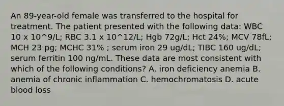 An 89-year-old female was transferred to the hospital for treatment. The patient presented with the following data: WBC 10 x 10^9/L; RBC 3.1 x 10^12/L; Hgb 72g/L; Hct 24%; MCV 78fL; MCH 23 pg; MCHC 31% ; serum iron 29 ug/dL; TIBC 160 ug/dL; serum ferritin 100 ng/mL. These data are most consistent with which of the following conditions? A. iron deficiency anemia B. anemia of chronic inflammation C. hemochromatosis D. acute blood loss