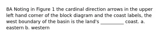 8A Noting in Figure 1 the cardinal direction arrows in the upper left hand corner of the block diagram and the coast labels, the west boundary of the basin is the land's __________ coast. a. eastern b. western