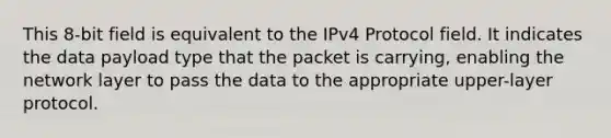 This 8-bit field is equivalent to the IPv4 Protocol field. It indicates the data payload type that the packet is carrying, enabling the network layer to pass the data to the appropriate upper-layer protocol.