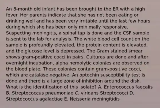 An 8-month old infant has been brought to the ER with a high fever. Her parents indicate that she has not been eating or drinking well and has been very irritable until the last few hours during which she has been only minimally responsive. Suspecting meningitis, a spinal tap is done and the CSF sample is sent to the lab for analysis. The white blood cell count on the sample is profoundly elevated, the protein content is elevated, and the glucose level is depressed. The Gram stained smear shows gram-positive cocci in pairs. Cultures are done and after overnight incubation, alpha hemolytic colonies are observed on the blood plate. These colonies contain gram-positive cocci, which are catalase negative. An optochin susceptibility test is done and there is a large zone of inhibition around the disk. What is the identification of this isolate? A. Enterococcus faecalis B. Streptococcus pneumoniae C. viridans Streptococci D. Streptococcus agalactiae E. Neisseria meningitidis