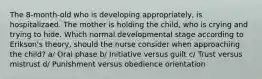 The 8-month-old who is developing appropriately, is hospitalizaed. The mother is holding the child, who is crying and trying to hide. Which normal developmental stage according to Erikson's theory, should the nurse consider when approaching the child? a/ Oral phase b/ Initiative versus guilt c/ Trust versus mistrust d/ Punishment versus obedience orientation