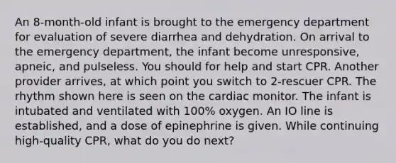 An 8-month-old infant is brought to the emergency department for evaluation of severe diarrhea and dehydration. On arrival to the emergency department, the infant become unresponsive, apneic, and pulseless. You should for help and start CPR. Another provider arrives, at which point you switch to 2-rescuer CPR. The rhythm shown here is seen on the cardiac monitor. The infant is intubated and ventilated with 100% oxygen. An IO line is established, and a dose of epinephrine is given. While continuing high-quality CPR, what do you do next?