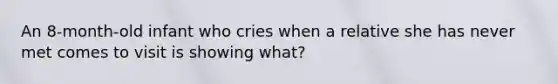 An 8-month-old infant who cries when a relative she has never met comes to visit is showing what?