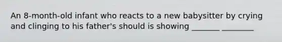An 8-month-old infant who reacts to a new babysitter by crying and clinging to his father's should is showing _______ ________