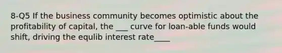 8-Q5 If the business community becomes optimistic about the profitability of capital, the ___ curve for loan-able funds would shift, driving the equlib interest rate____